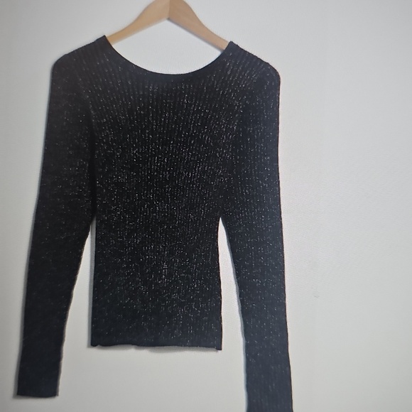 NWT ICHI Metallic Crossback Long Sleeved Ribbed Knit Metallic Black Top XL - Picture 3 of 13
